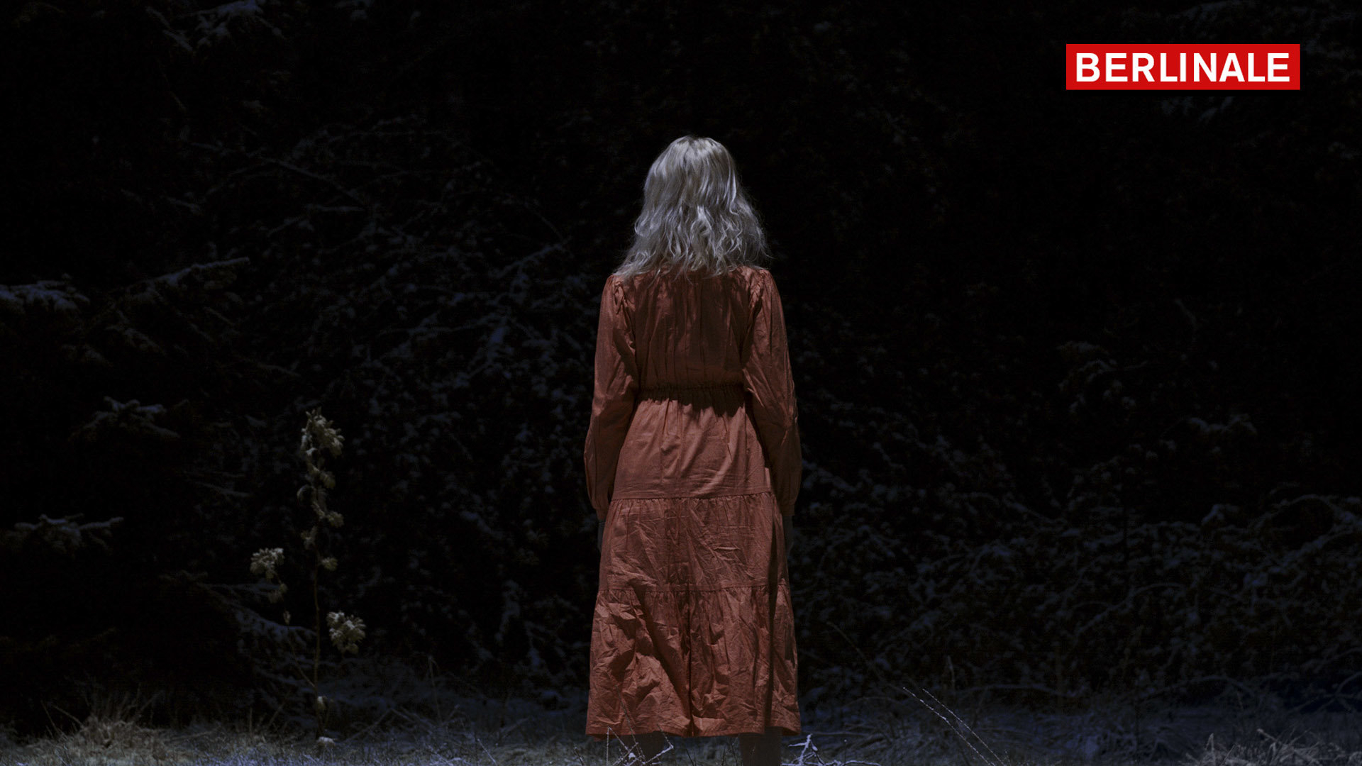 Filmstill aus dem Film Schlaf Eine Frau mit rotem Kleid im Wald
