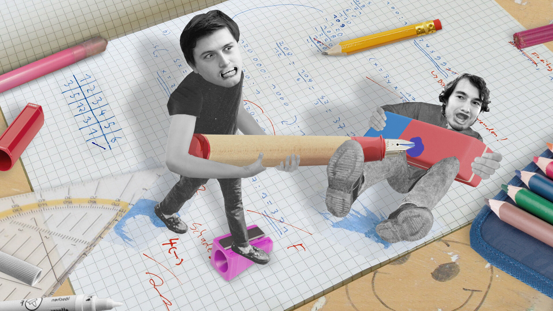Streit um Noten Lustige Collage, die die Autoren zeigt, wie sie mit Füller bzw. Radiergummi bewaffnet miteinander kämpfen