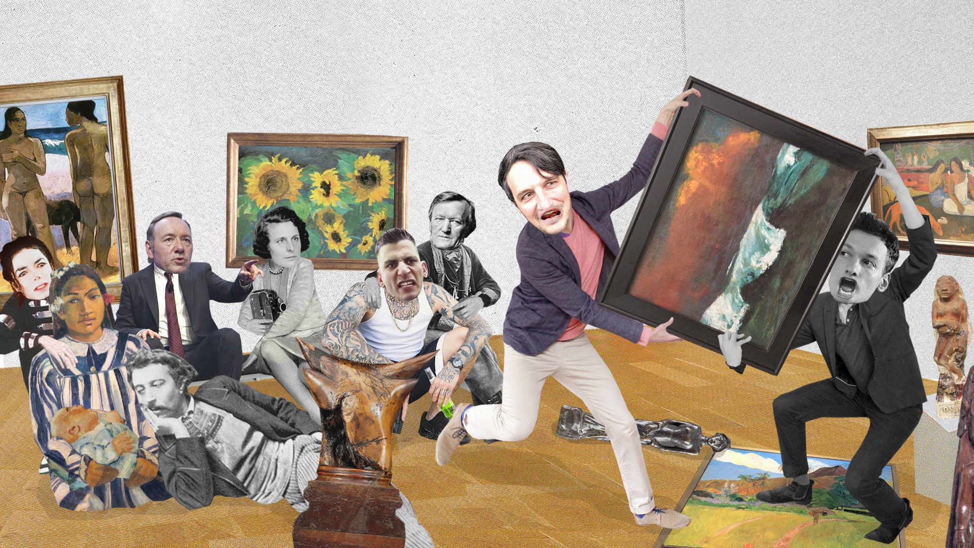 Darf man Künstler und Werk trennen? Ein Pro & Contra Eine lustige Collage, die die Autoren umgeben von kontroversen KünstlerInnen in einer Gemäldegalerie zeigt