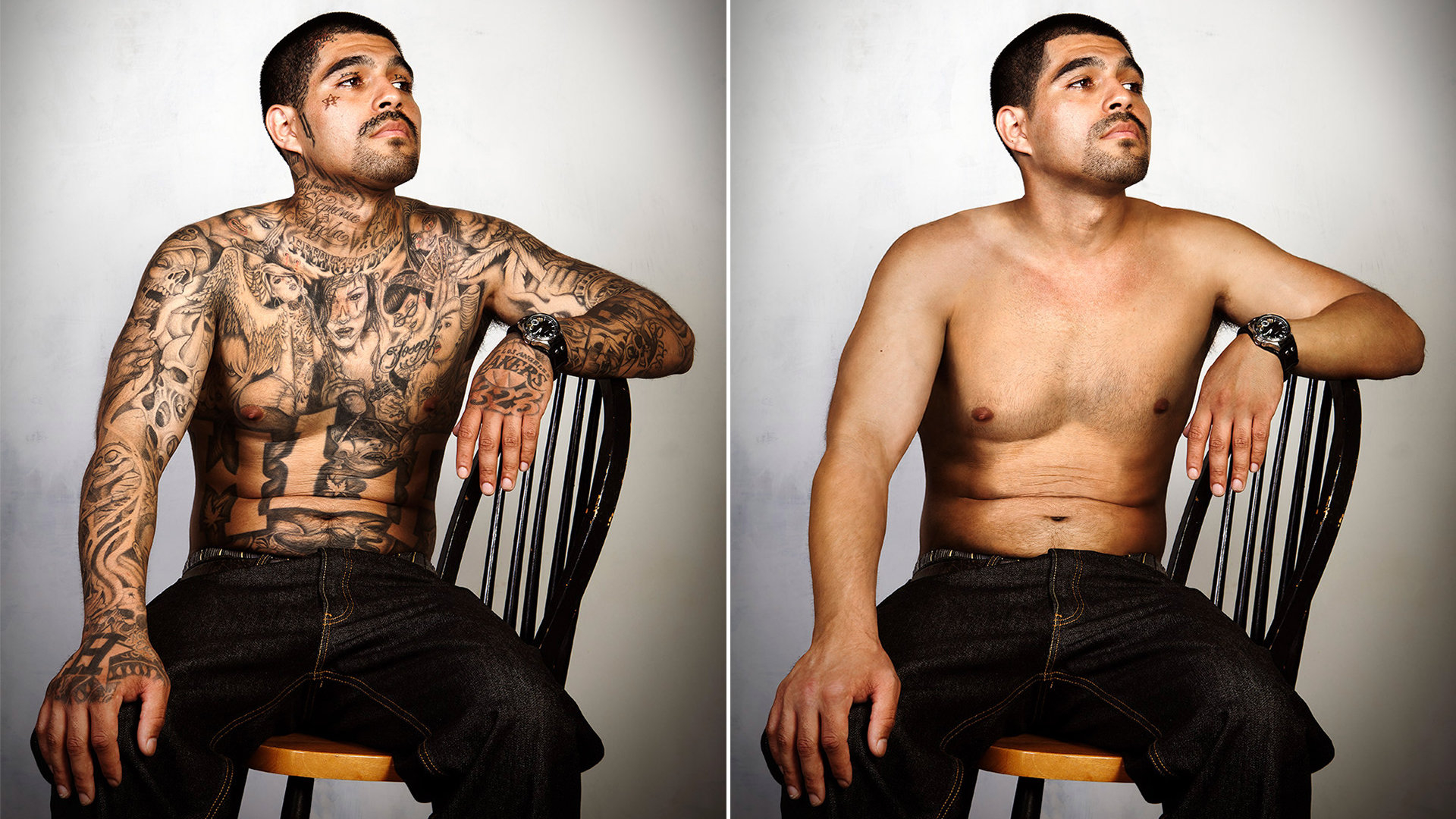 Links: ein stark tätowierter Mann, rechts: derselbe Mann ohne Tattoos Links: ein stark tätowierter Mann, rechts: derselbe Mann ohne Tattoos