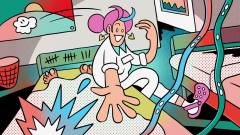Illustration einer Krankenschwester die auf dem Bett sitzt