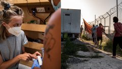 Eine Frau mit Mundschutz erklärt einer Frau im inneren des Trucks eine medizinische Grafik / Kinder laufen zwischen dem Truck und dem Zaun des Camps entlang