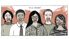 Bild aus dem Comic auf dem 5 Personen der Mund zugeklebt ist