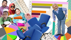 Collage mit Menschen und Wahldiagrammen