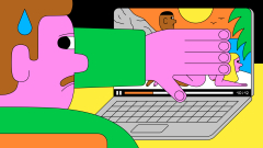 Illustration einer Person die beschämt einen Porno auf einem Laptop schaut in dem ein riesiger, Schwarzer Mann Sex mit einer blonden Frau hat