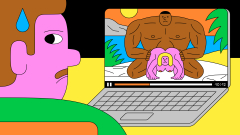 Illustration einer Person die beschämt einen Porno auf einem Laptop schaut in dem ein riesiger, Schwarzer Mann Sex mit einer blonden Frau hat