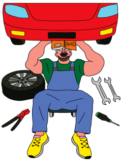 Illustration eines Mechanikers der unter einem Auto liegt