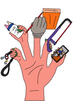 Illustration einer Hand mit Werkzeugen als Fingernägeln