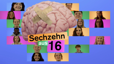 Die Köpfe der Protagonisten des Videos, dazwischen eine Collage mit einem Gehirn, das ein Pflaster trägt
