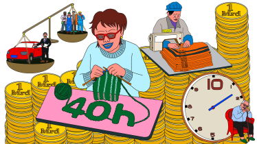 Illustration mit Geld und Arbeiterinnen