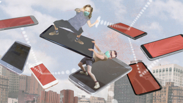Eine lustige Collage, die die AutorInnen dabei zeigt, wie sie auf fliegenden Smartphones miteinander kämpfen
