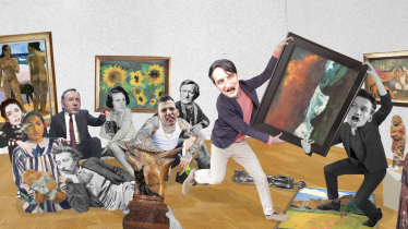Eine lustige Collage, die die Autoren umgeben von kontroversen KünstlerInnen  in einer Gemäldegalerie zeigt