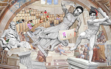 Numerus Clausus: Pro oder Contra? Lustige Collage: Die Autoren streiten in einem Vorlesungssaal
