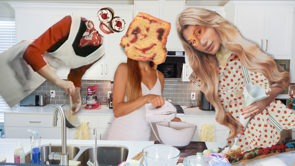 Collage mit drei Frauen in einer Küche beim backen