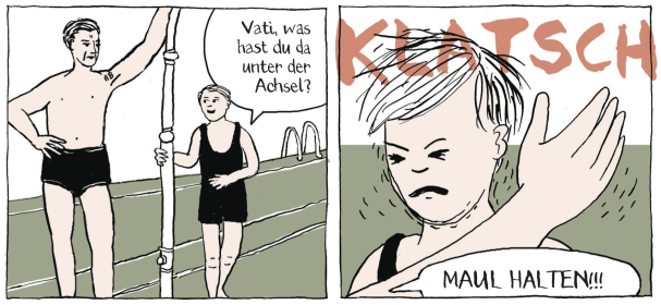 Szene aus dem Comic in der eine Junge eine Ohrfeige vom Vater bekommt