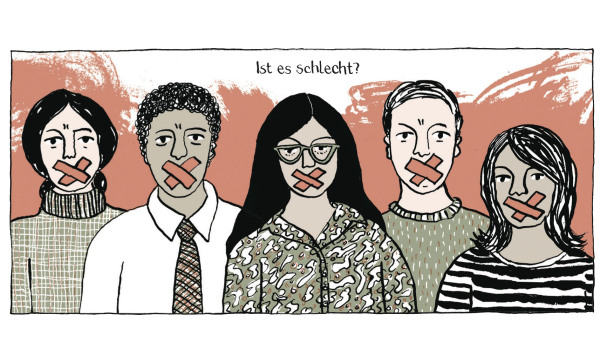 Bild aus dem Comic auf dem 5 Personen der Mund zugeklebt ist