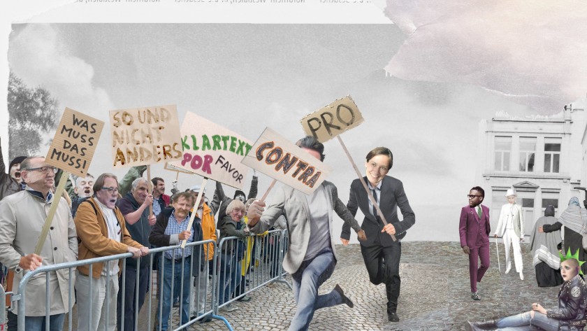 Lustige Collage, die die AutorInnen auf einer Demonstration zeigt